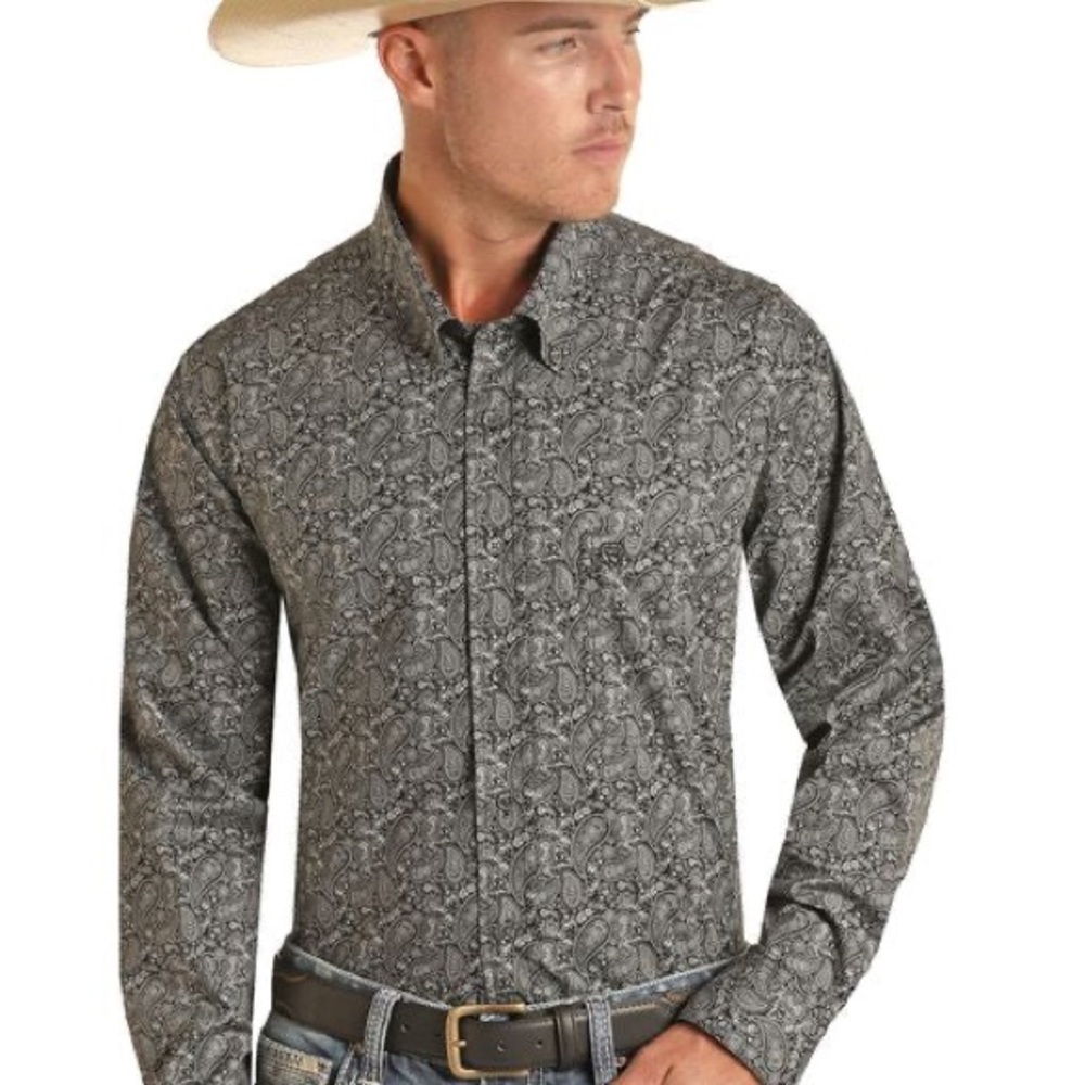 Rock & Roll Denim Charcoal Paisley Long Sleeve‎ Shirt Sz L